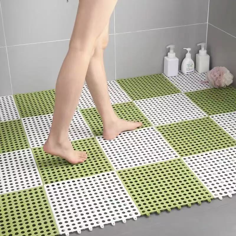 White And Green DIY Interlocking Non-Slip Floor Tiles - 18-Pack PVC Drainage Mat for Shower &amp; Bathroom Safety