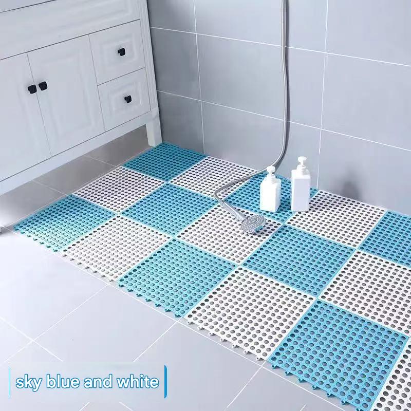 Sky Blue And White DIY Interlocking Non-Slip Floor Tiles - 18-Pack PVC Drainage Mat for Shower &amp; Bathroom Safety