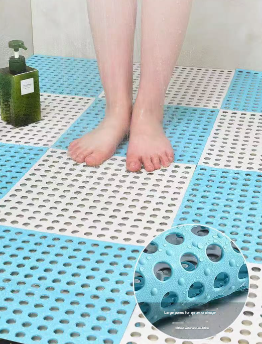 Green And Pink DIY Interlocking Non-Slip Floor Tiles - 18-Pack PVC Drainage Mat for Shower & Bathroom Safety