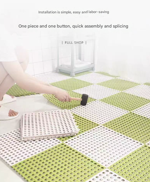 White And Green DIY Interlocking Non-Slip Floor Tiles - 12-Pack PVC Drainage Mat for Shower & Bathroom Safety