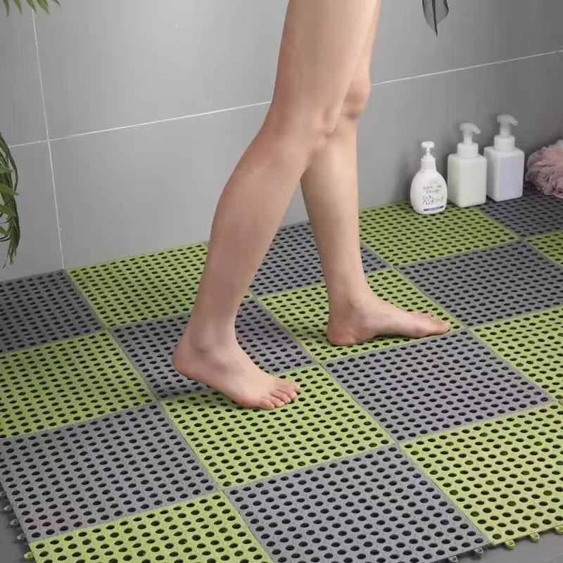 Grey And Green DIY Interlocking Non-Slip Floor Tiles - 12-Pack PVC Drainage Mat for Shower &amp; Bathroom Safety