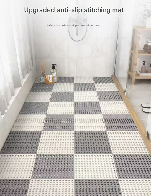 White And Grey DIY Interlocking Non-Slip Floor Tiles - 12-Pack PVC Drainage Mat for Shower & Bathroom Safety