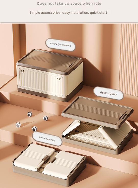 Size S Brown Collapsible Storage Box with Wheels and Telescopic Handle - Stackable Folding Crate for Car & Home