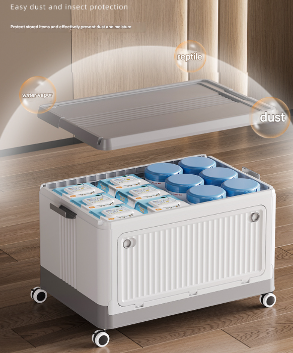 Size S Grey Collapsible Storage Box with Wheels and Telescopic Handle - Stackable Folding Crate for Car & Home