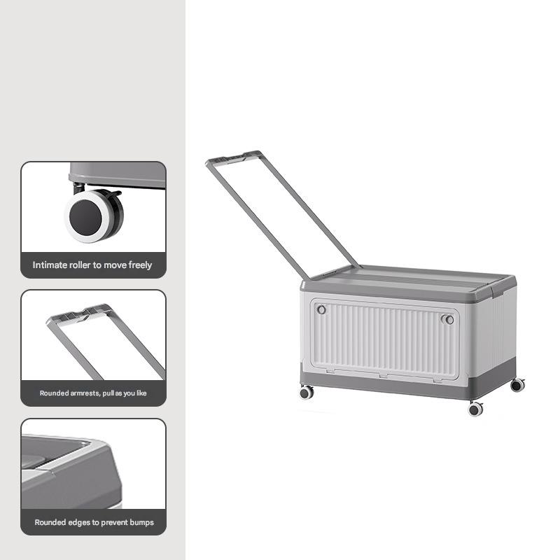 Size L Grey Collapsible Storage Box with Wheels and Telescopic Handle - Stackable Folding Crate for Car &amp; Home