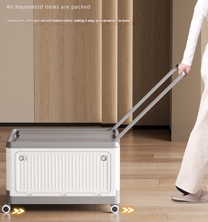 Size L Grey Collapsible Storage Box with Wheels and Telescopic Handle - Stackable Folding Crate for Car & Home