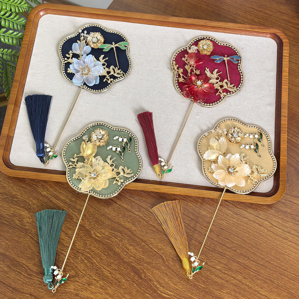 Yellow Exquisite Chinese Palace Style Mini Fan - Handheld Decorative Prop with Tassel for Photoshoots