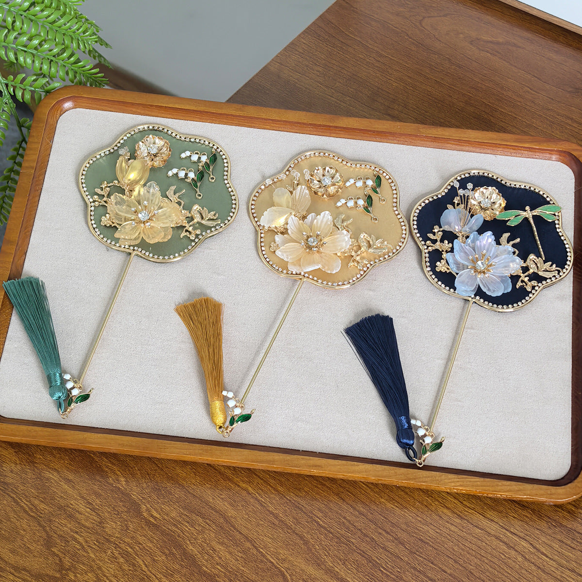 Yellow Exquisite Chinese Palace Style Mini Fan - Handheld Decorative Prop with Tassel for Photoshoots