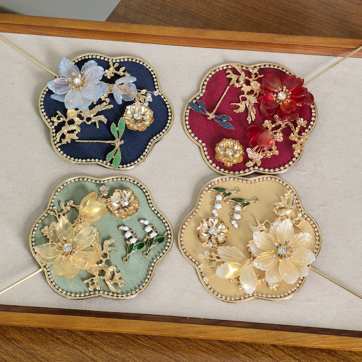 Yellow Exquisite Chinese Palace Style Mini Fan - Handheld Decorative Prop with Tassel for Photoshoots