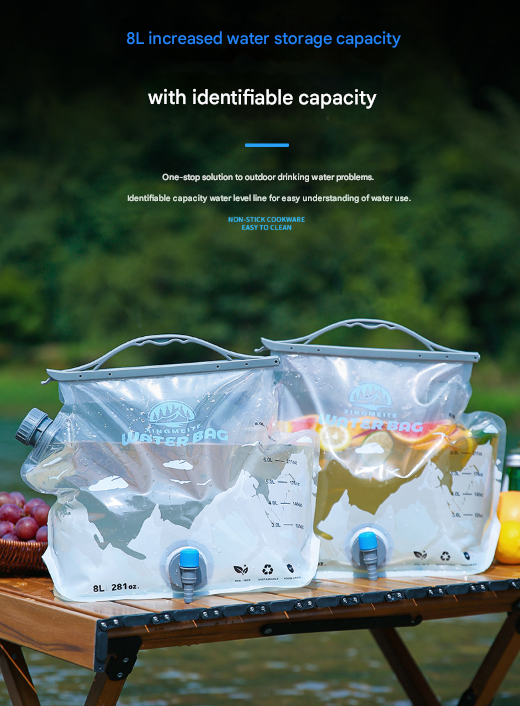 2 Pcs Grey 8L Foldable Water Bag - Large Capacity Portable Water Carrier with Spigot for Camping & Outdoors