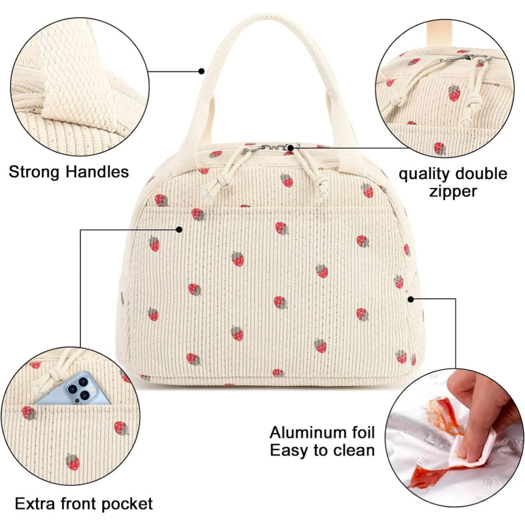 Beige Checkered Pattern Corduroy Lunch Bag - Insulated Thermal Cooler Tote for School Work and Picnics