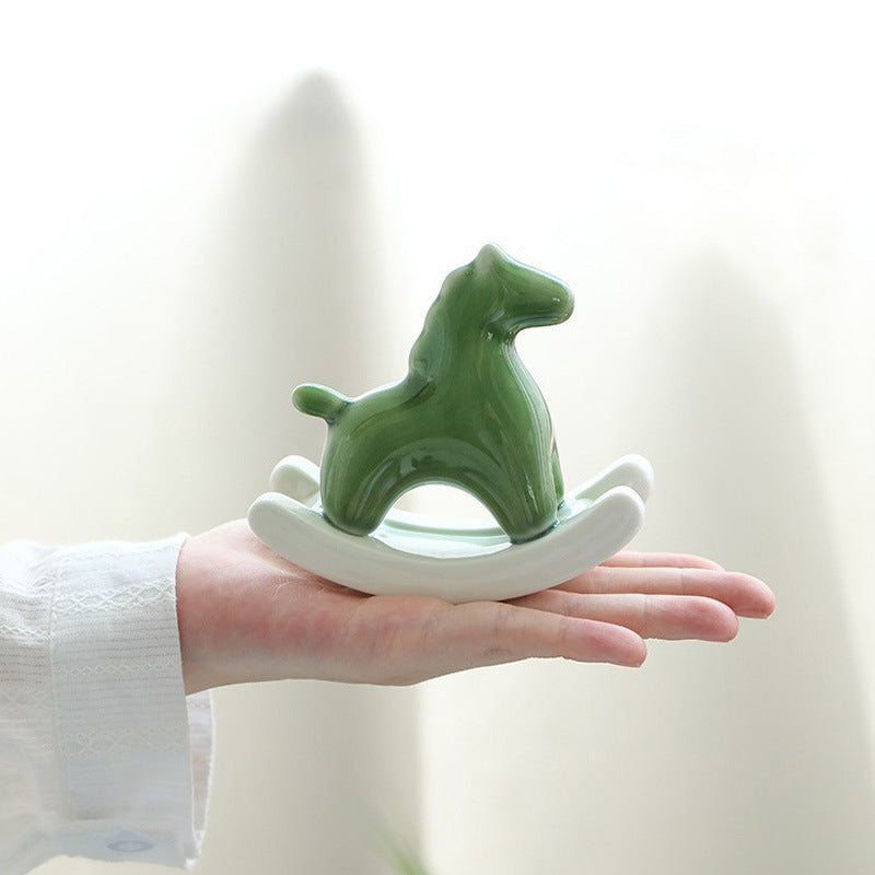 Green Modern Ceramic Rocking Horse Ornament - Cute Porcelain Figurine for Desk &amp; Shelf Decor
