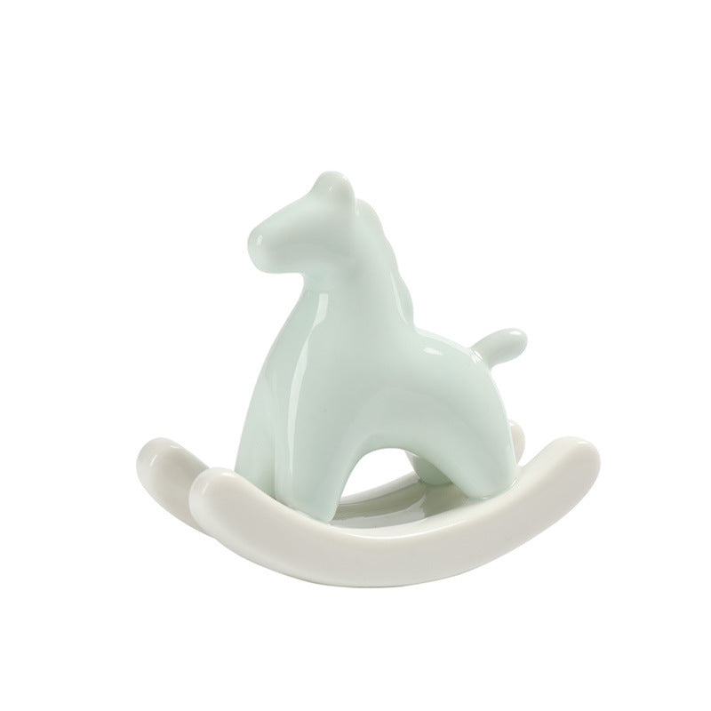 Light Green Modern Ceramic Rocking Horse Ornament - Cute Porcelain Figurine for Desk &amp; Shelf Decor