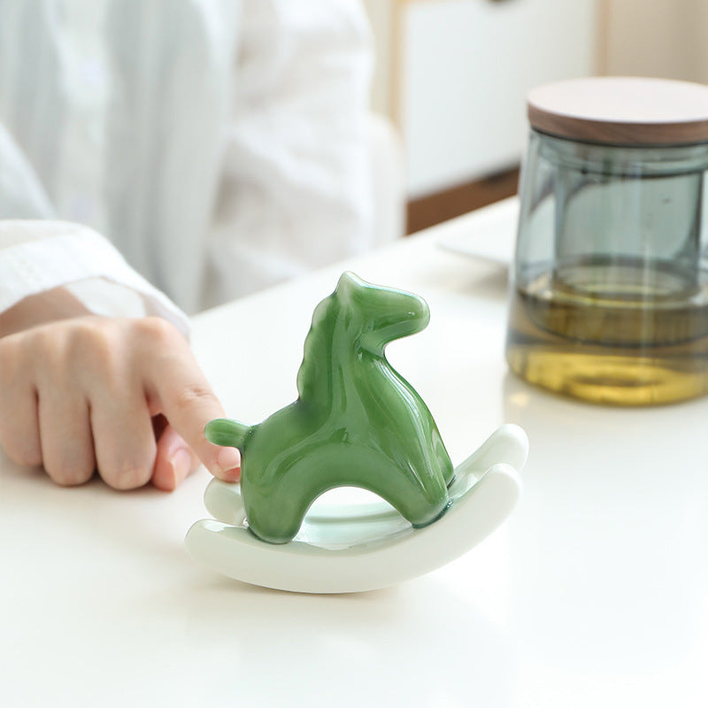 Light Green Modern Ceramic Rocking Horse Ornament - Cute Porcelain Figurine for Desk & Shelf Decor