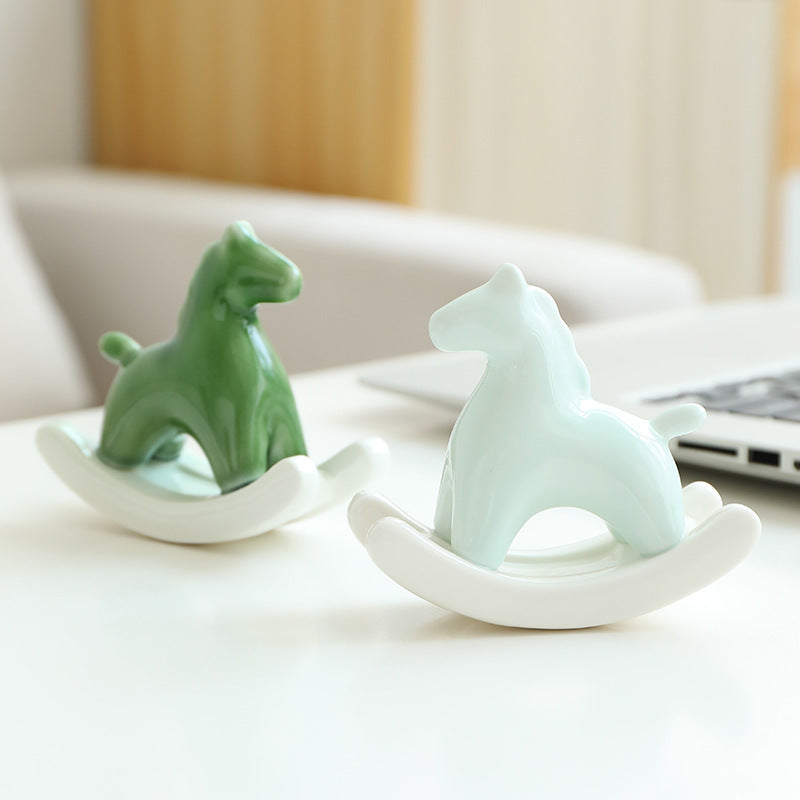 Light Green Modern Ceramic Rocking Horse Ornament - Cute Porcelain Figurine for Desk & Shelf Decor