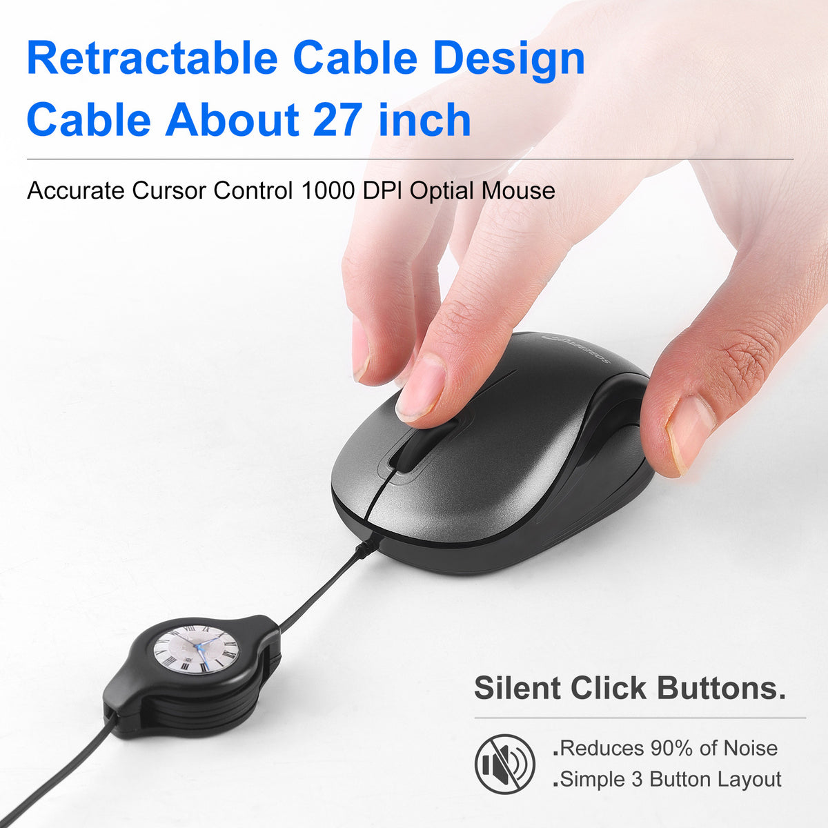 Blue and Black Portable Mini USB-C Mouse with Retractable Cable - Silent Click Travel Mouse for Laptop, MacBook, Tablet