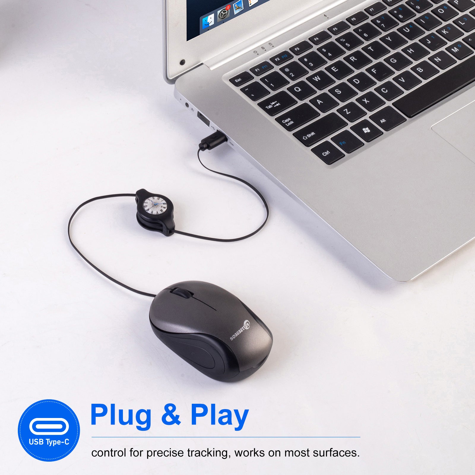 Blue and Black Portable Mini USB-C Mouse with Retractable Cable - Silent Click Travel Mouse for Laptop, MacBook, Tablet