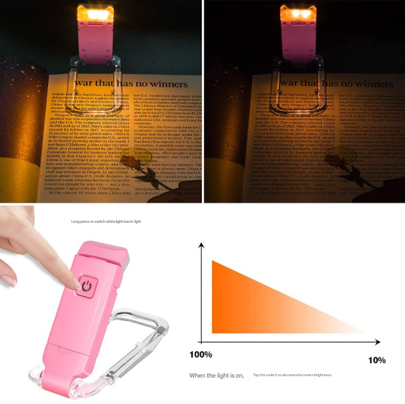 2 Pcs Pink USB Rechargeable Clip-on LED Book Light - 3 Color Modes & Dimmable Brightness for Eye-Caring Reading