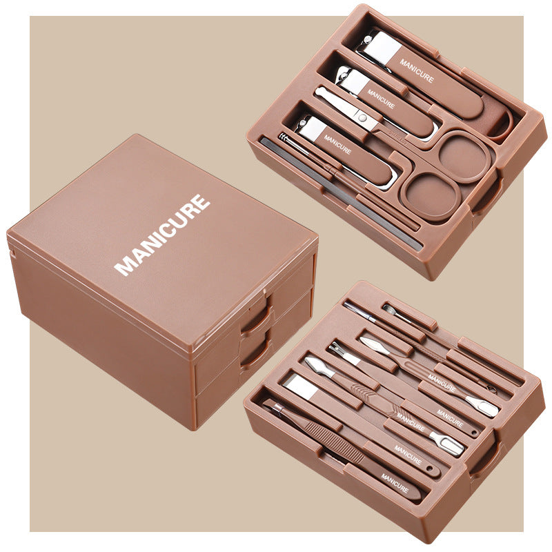 Brown Premium 13-in-1 Manicure &amp; Grooming Kit - Professional Carbon Steel Pedicure Set with Dual-Drawer Case &amp; Mirror