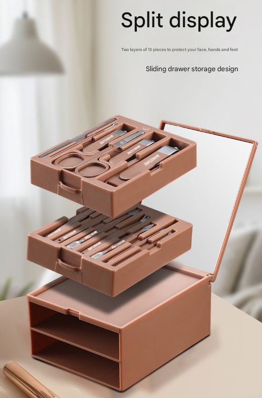 Brown Premium 13-in-1 Manicure & Grooming Kit - Professional Carbon Steel Pedicure Set with Dual-Drawer Case & Mirror