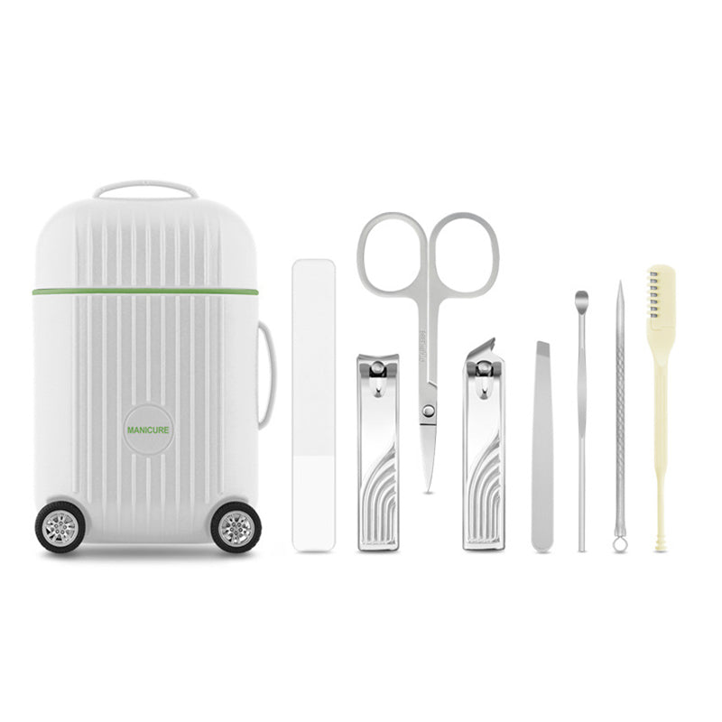 White Mini Suitcase Manicure Set - 8-Piece Portable Grooming &amp; Nail Care Travel Kit