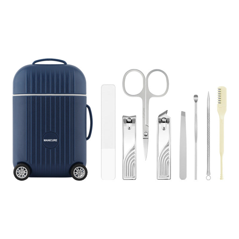Dark Blue Mini Suitcase Manicure Set - 8-Piece Portable Grooming &amp; Nail Care Travel Kit