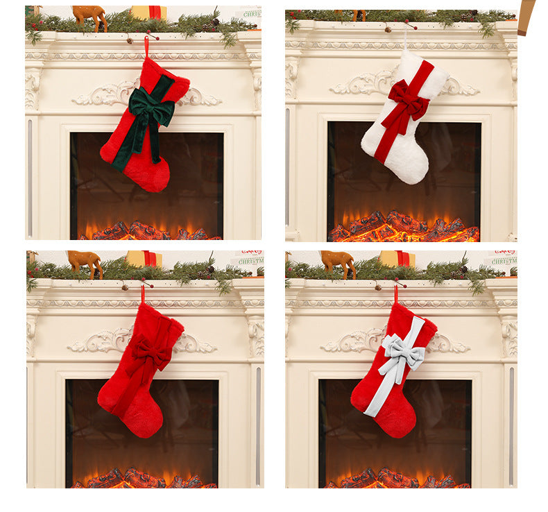 2 Pcs Red Stitching White Bow Luxurious Velvet Christmas Stocking with Elegant Bow - Large 45cm Holiday Mantel Decoration