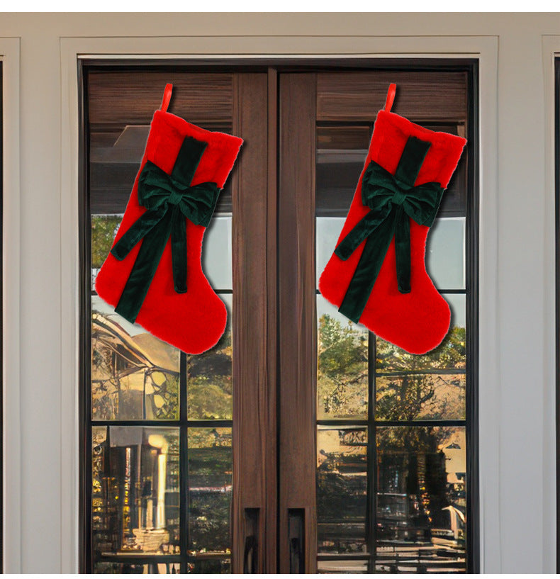2 Pcs White Stitching Red Bow Luxurious Velvet Christmas Stocking with Elegant Bow - Large 45cm Holiday Mantel Decoration