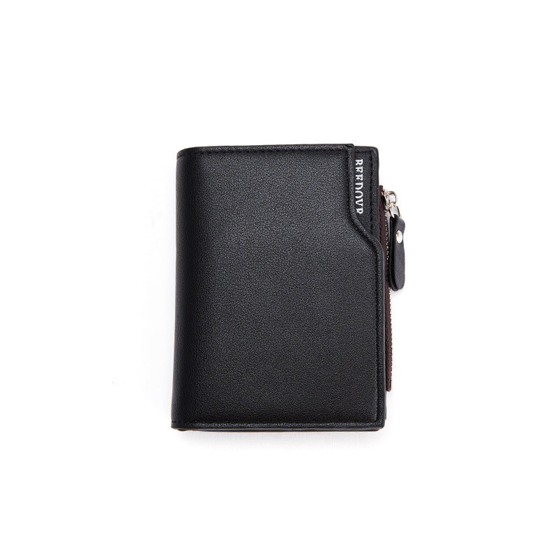 Black Men's Slim Vertical Bifold Wallet - PU Leather Card Holder with Zipper Coin Pocket and ID Window