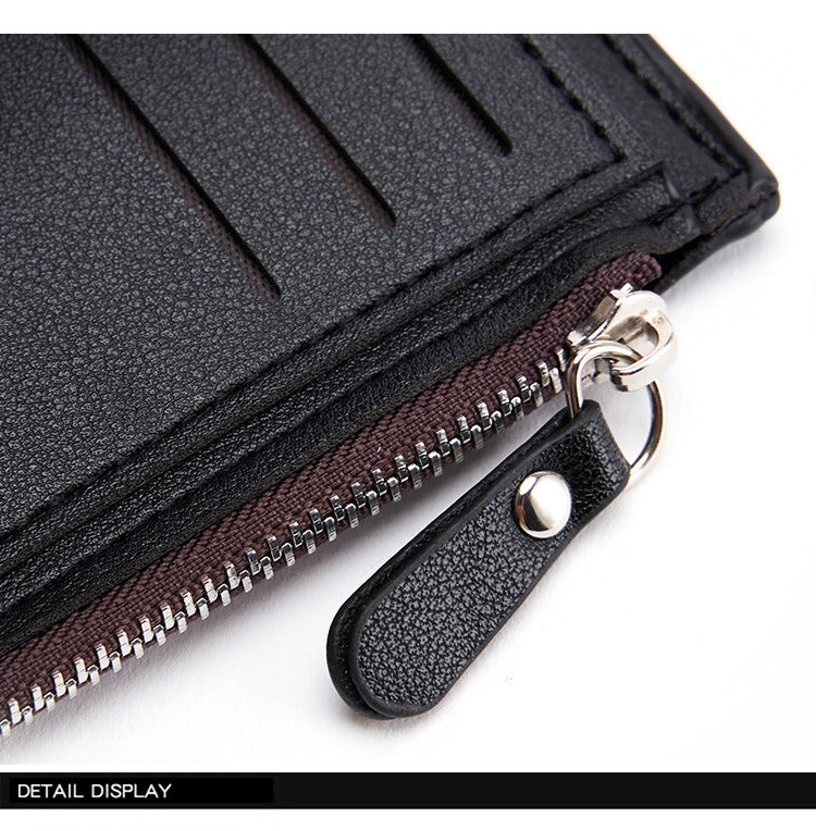 Black Men's Slim Vertical Bifold Wallet - PU Leather Card Holder with Zipper Coin Pocket and ID Window