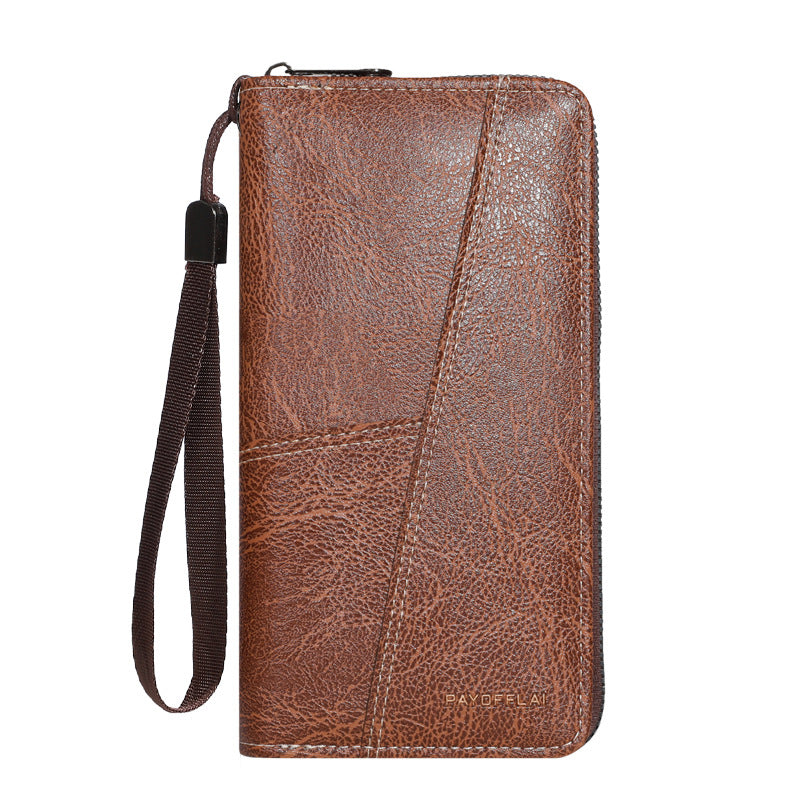 Brown Men's Long Zipper Wallet Clutch - PU Leather Wristlet with Phone and Card Slots