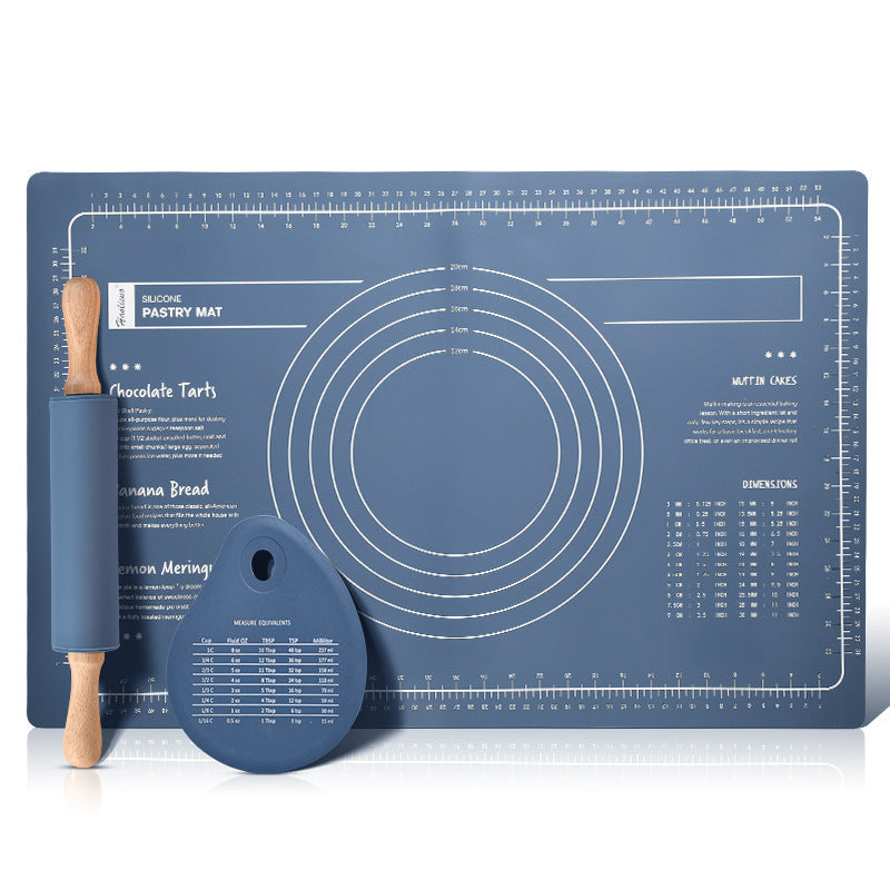 Dark Blue 3-Piece Silicone Baking Set - Non-Stick Pastry Mat with Measurements, Rolling Pin &amp; Dough Scraper