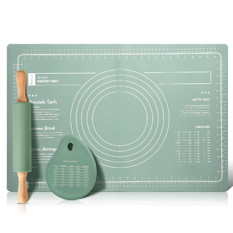 Green 3-Piece Silicone Baking Set - Non-Stick Pastry Mat with Measurements, Rolling Pin &amp; Dough Scraper