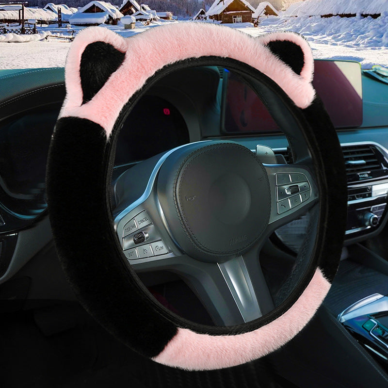Pink Stitching Black Plush Cat Ear Steering Wheel Cover - Cute & Fuzzy Winter Grip, Universal 38cm Fit