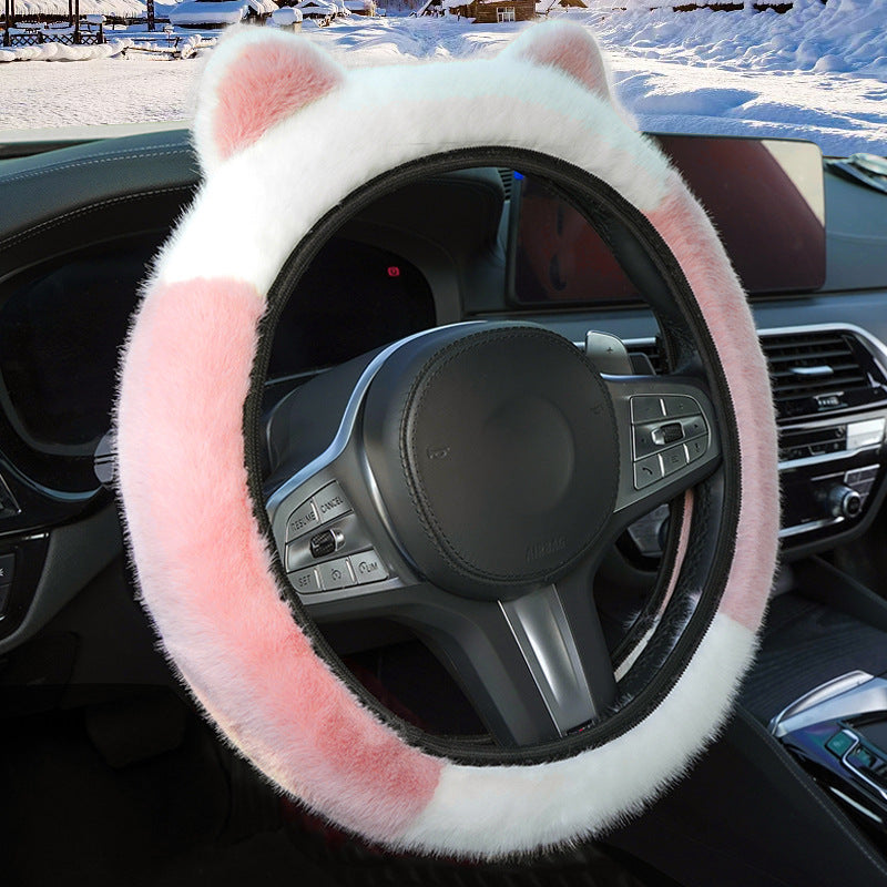 Pink Stitching White Plush Cat Ear Steering Wheel Cover - Cute &amp; Fuzzy Winter Grip, Universal 38cm Fit
