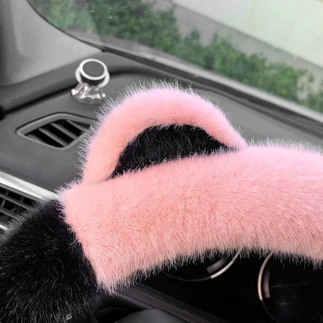 Blue Stitching White Plush Cat Ear Steering Wheel Cover - Cute & Fuzzy Winter Grip, Universal 38cm Fit