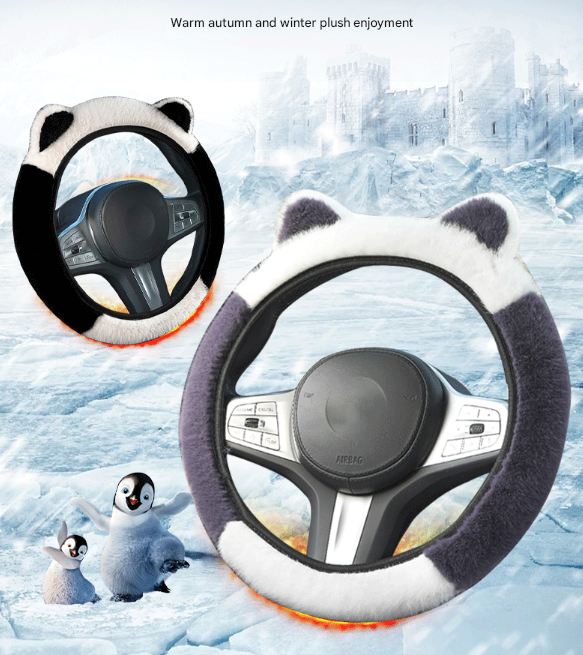 Black Plush Cat Ear Steering Wheel Cover - Cute & Fuzzy Winter Grip, Universal 38cm Fit