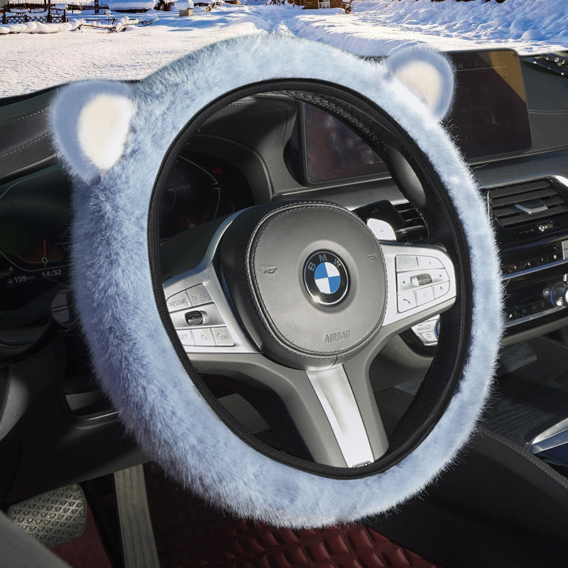 Blue Plush Cat Ear Steering Wheel Cover - Cute &amp; Fuzzy Winter Grip, Universal 38cm Fit