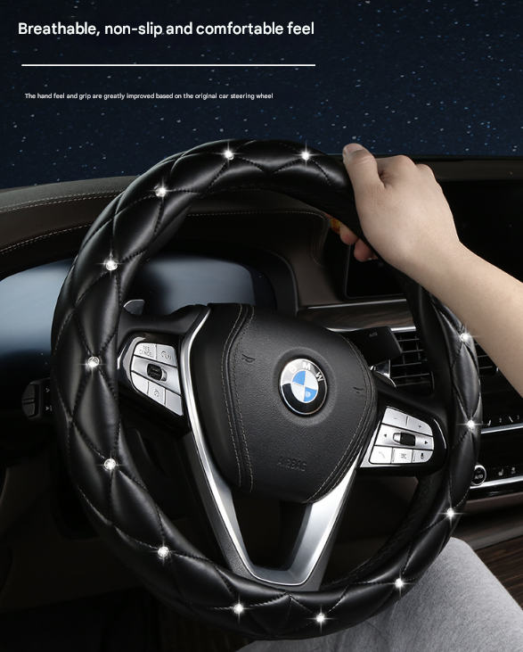 Red Luxury Bling Steering Wheel Cover - Black Quilted Leather with Crystal Rhinestones, Universal 38cm Fit