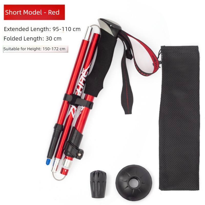 Short Red Ultralight Foldable Hiking Pole - Adjustable Aluminium Trekking Stick with EVA Grip for Outdoor Walking &amp; Climbing