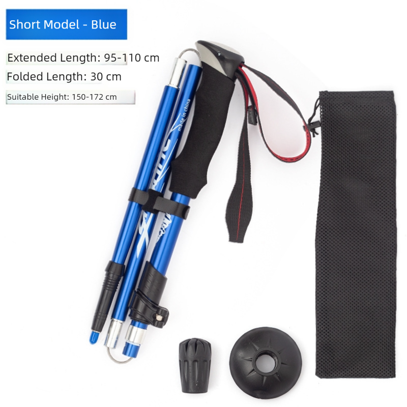 Short Blue Ultralight Foldable Hiking Pole - Adjustable Aluminium Trekking Stick with EVA Grip for Outdoor Walking &amp; Climbing