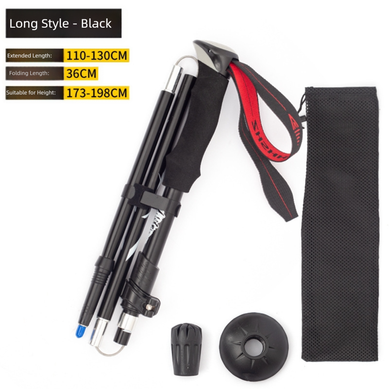 Long Black Ultralight Foldable Hiking Pole - Adjustable Aluminium Trekking Stick with EVA Grip for Outdoor Walking &amp; Climbing