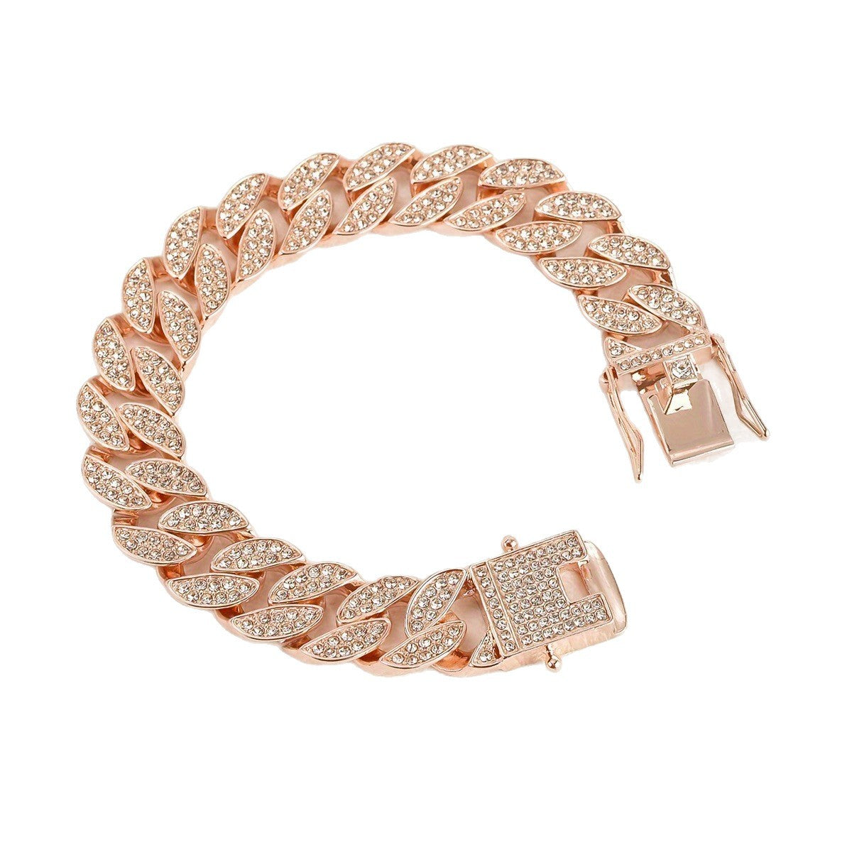 Rose Gold 16mm Iced Out Cuban Link Bracelet - Heavy Paved Rhinestone Hip Hop Chain for Men