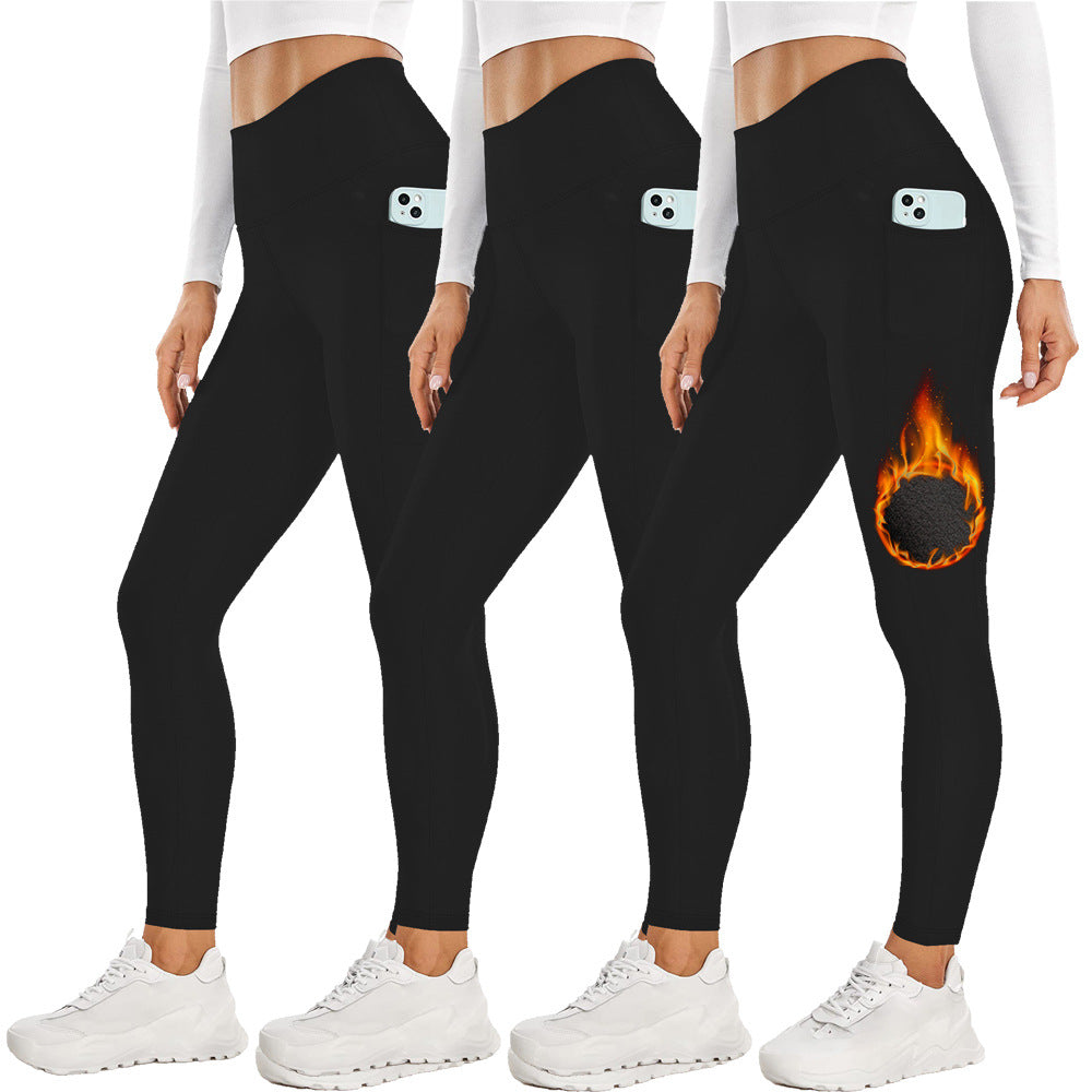 Size M Black Women's Mid Waist Plush Leggings with Pockets - Autumn and Winter Leggings with Pockets