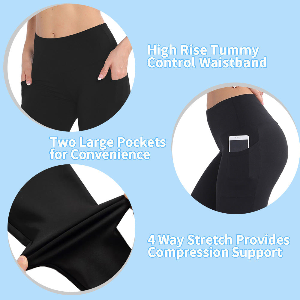 Size L Black Women's Mid Waist Plush Leggings with Pockets - Autumn and Winter Leggings with Pockets