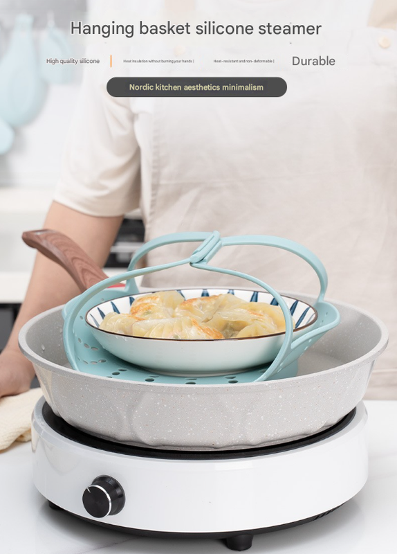 Large Blue Flexible Silicone Steamer Basket with Heat-Resistant Handles - Food-Grade Vegetable Steamer Insert for Pots & Pans