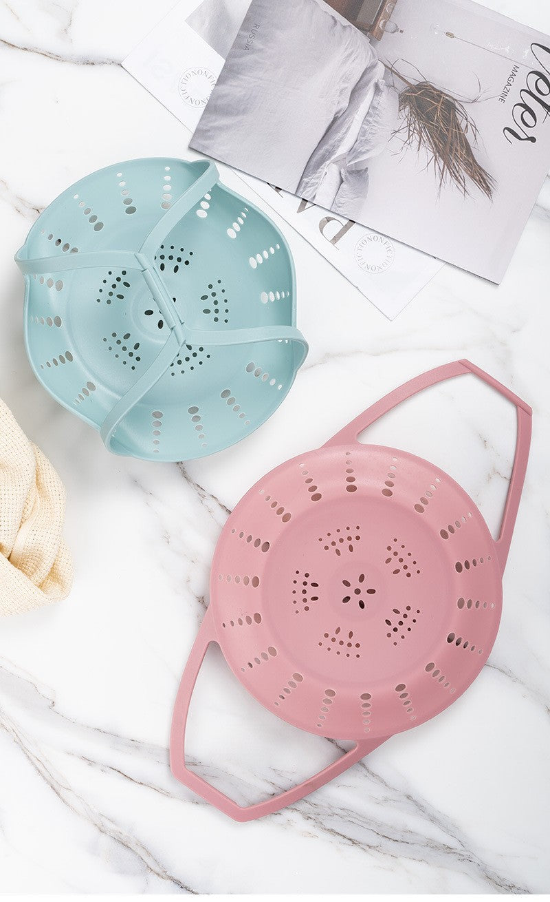 Small Blue Flexible Silicone Steamer Basket with Heat-Resistant Handles - Food-Grade Vegetable Steamer Insert for Pots & Pans