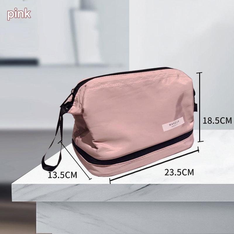 Pink Chic Dual-Compartment Makeup &amp; Toiletry Bag - Large Capacity Travel Organizer with Brush Holder