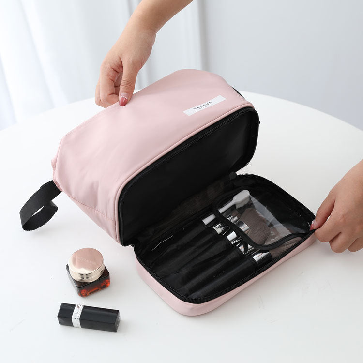 Pink Chic Dual-Compartment Makeup & Toiletry Bag - Large Capacity Travel Organizer with Brush Holder
