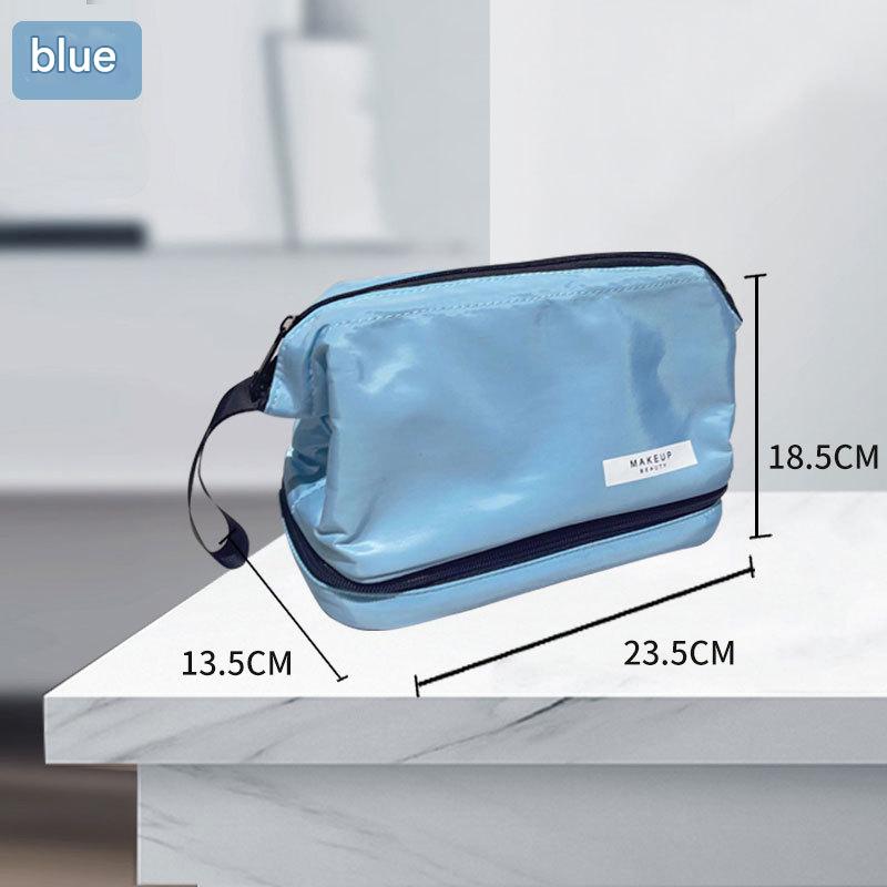 Blue Chic Dual-Compartment Makeup &amp; Toiletry Bag - Large Capacity Travel Organizer with Brush Holder